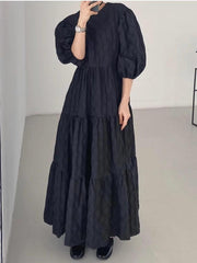 lovevop Vintage Round-neck 3D Pleated Ruffle Long Dress