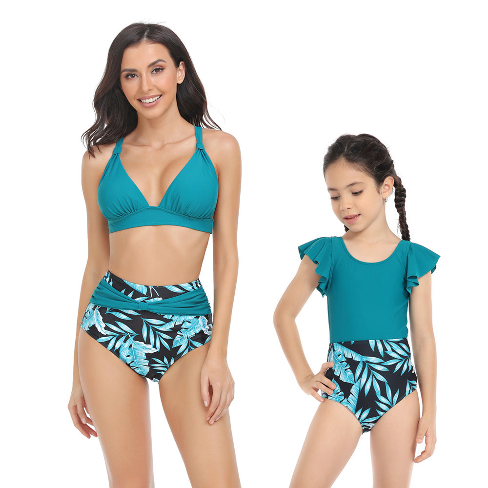 「🌼Summer Flash Sale - 50% Off」 - Solid Top & Floral High Waist Bottom Mommy and Me Swimsuit