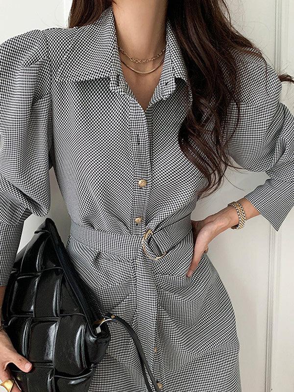 lovevop Chic Lapel Pleated Belted Plaid Puff-sleeve Dress