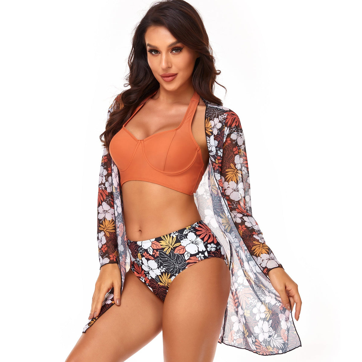 Floral Print Push Up Vest Three Piece Bikini Set Swimsuit