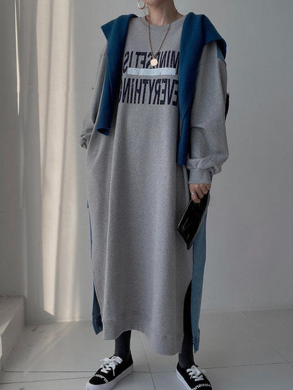 lovevop Simple Letter Print Denim Splt-joint Long Sleeve Sweatshirt Dress