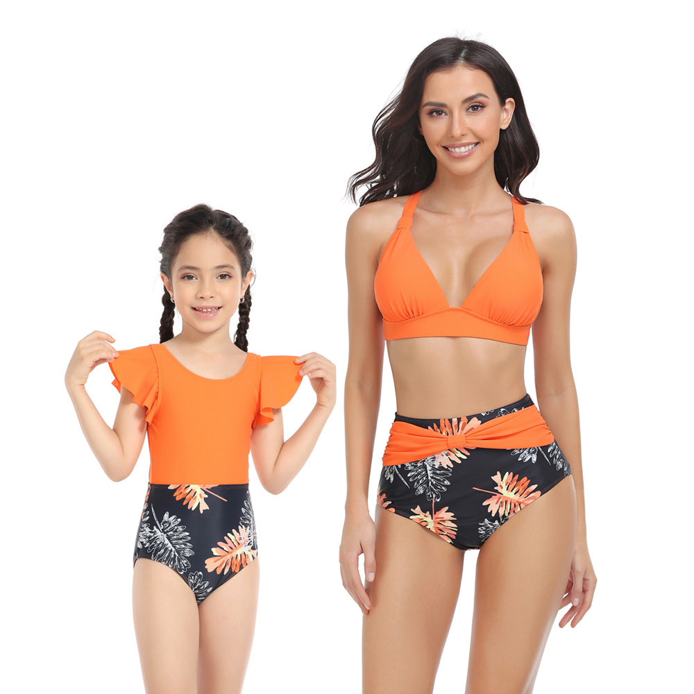 「🌼Summer Flash Sale - 50% Off」 - Solid Top & Floral High Waist Bottom Mommy and Me Swimsuit