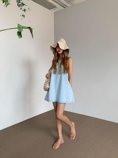 lovevop Loose Versatile A-Line Sleeveless Denim Dress