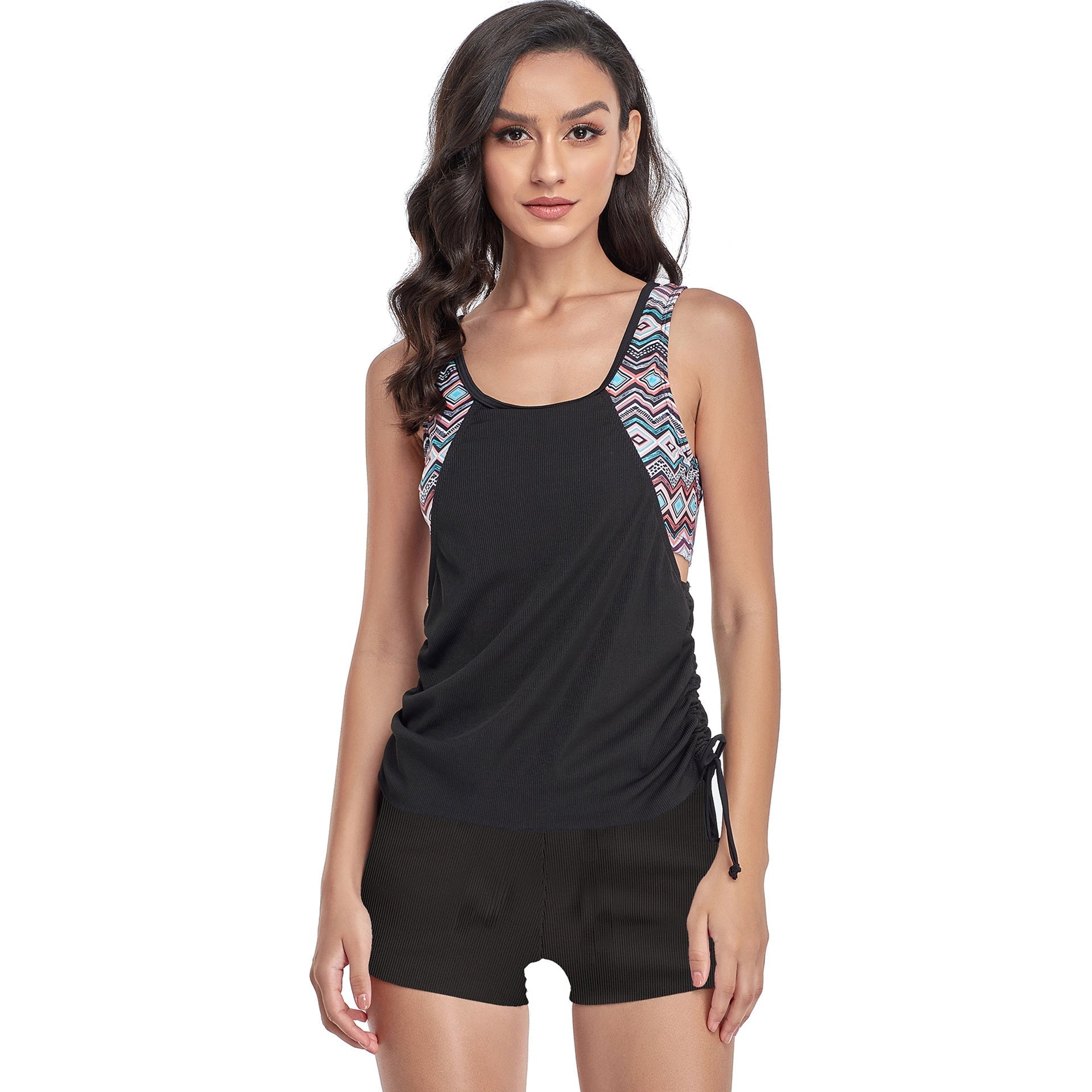 Printed Strappy T-Back Push Up Tankini Top with Shorts
