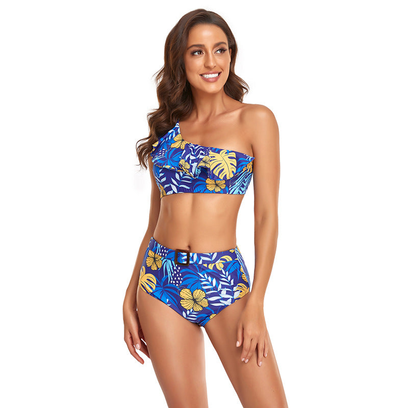 Ruffles Split High Waist Top Tie Bikini Set Swimsuit