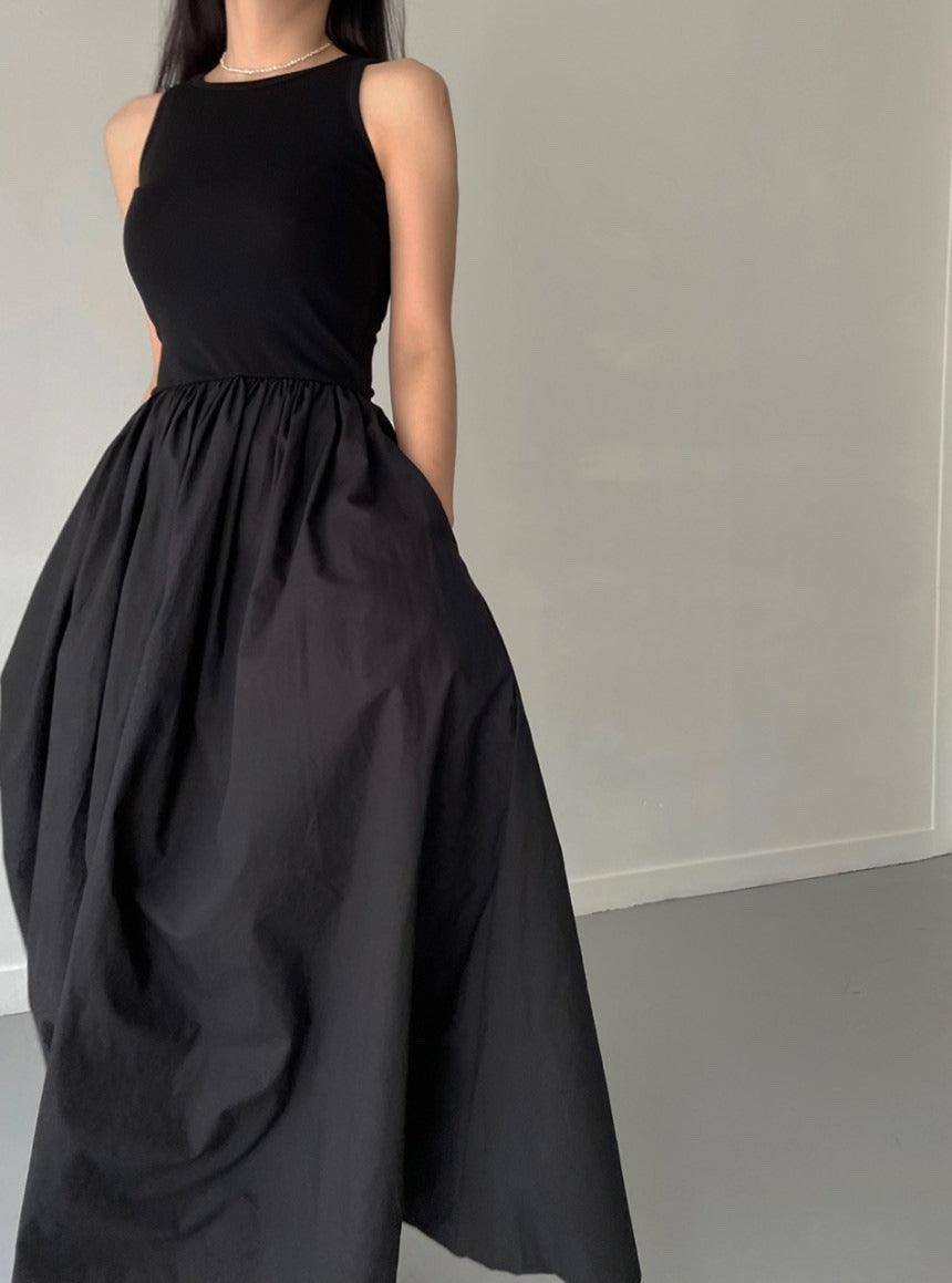 lovevop Elegant Round Neck Waist Slim Pleated Long Dress