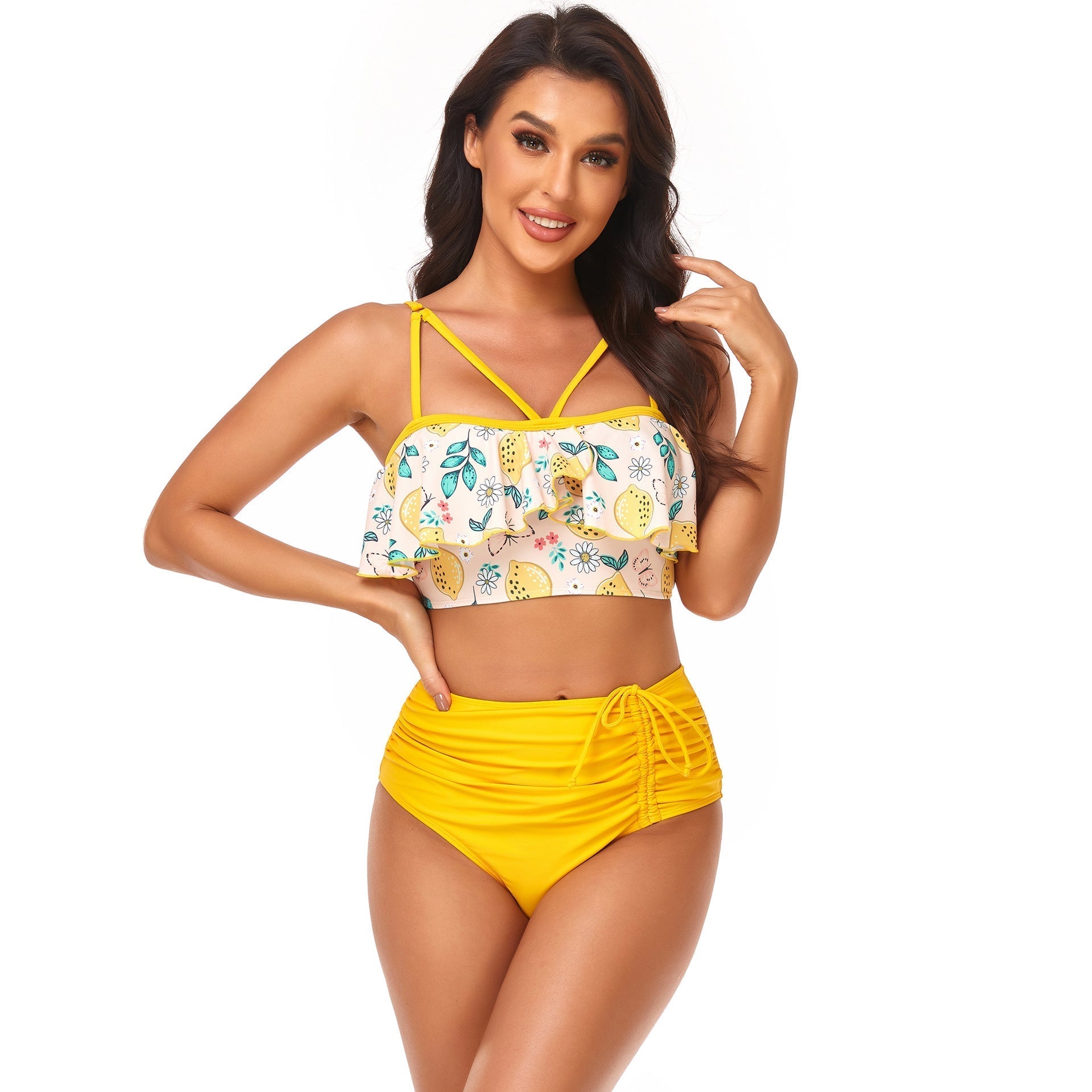 Ruffle Floral Drawstring Bikini Set Swimsuit