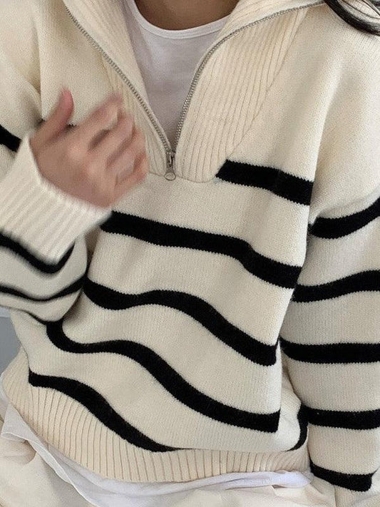 lovevop Lapel Zip Stripe Loose Long Sleeve Pullover Knit Sweater