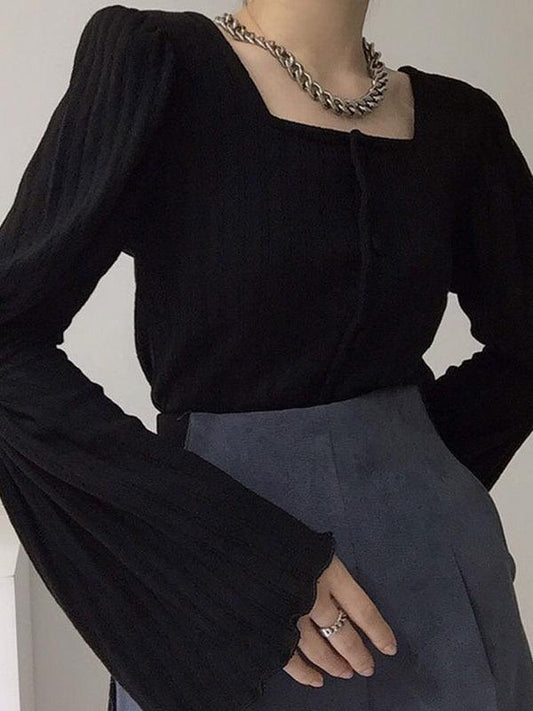 lovevop Square Neck Breasted Gathered Flare Sleeve Knit Blouses