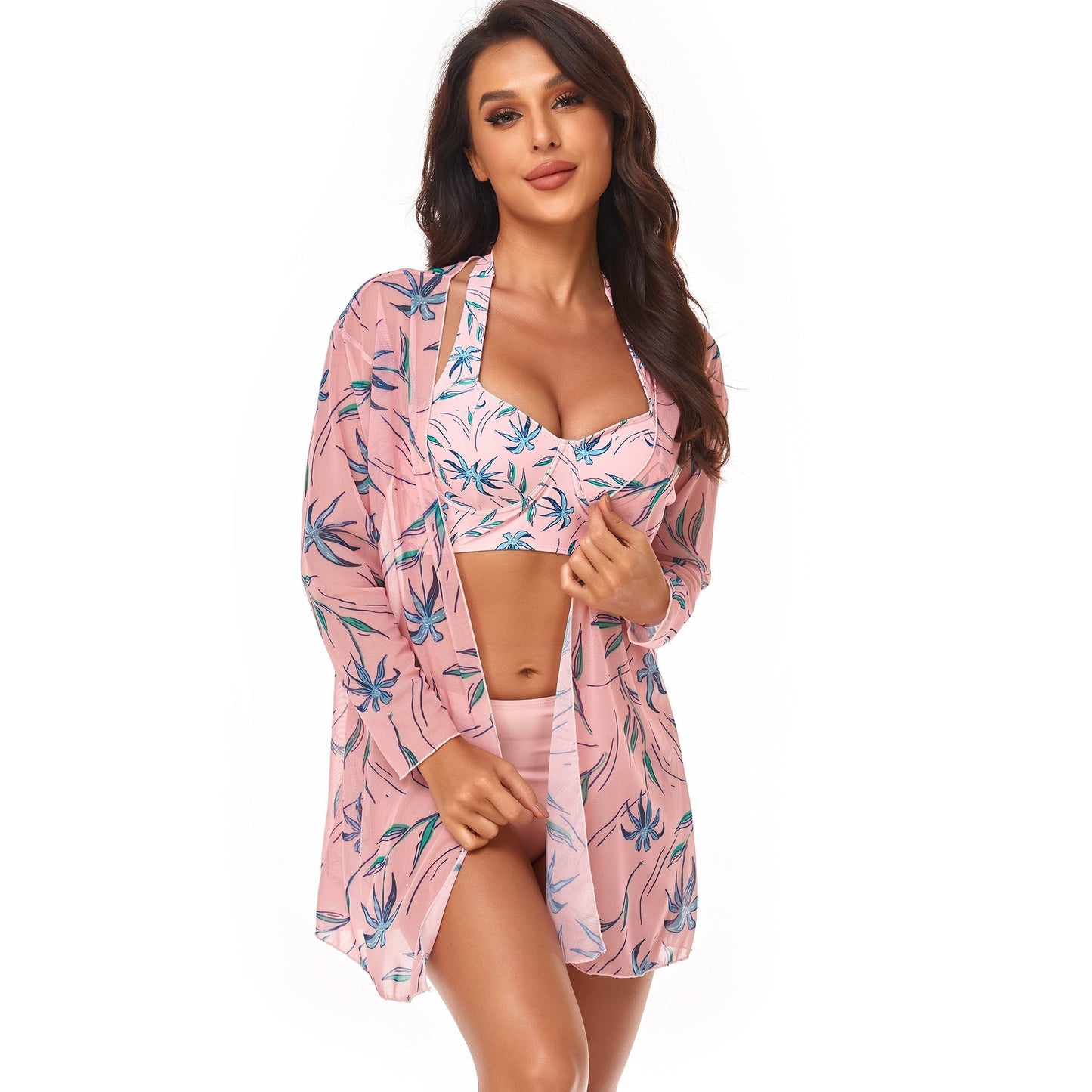 Floral Print Push Up Vest Three Piece Bikini Set Swimsuit