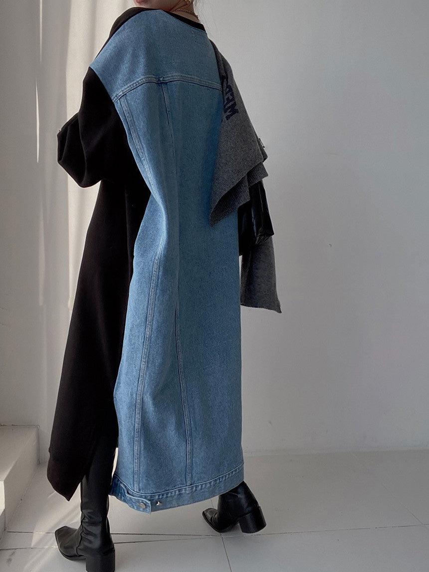 lovevop Simple Letter Print Denim Splt-joint Long Sleeve Sweatshirt Dress