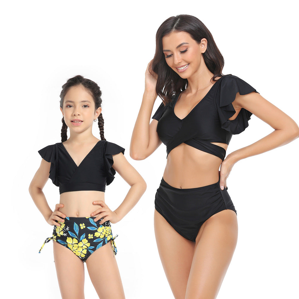 Ruffled Deep V Top & Floral Bottom Mommy and Me Swimsuit