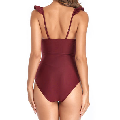 「🎉Mother's Day Sale - 40% Off」V Neck Ruffled  One-Piece Lace Up Swimsuit