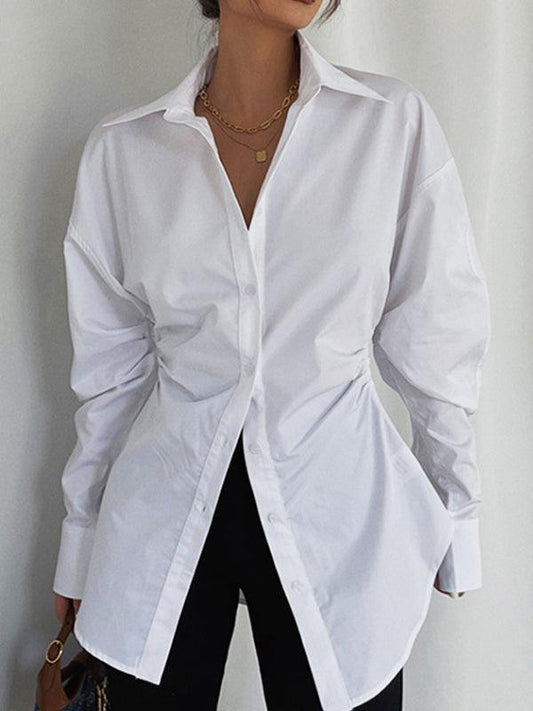 lovevop Simple Waist Lapel Ruffeld White Shirt