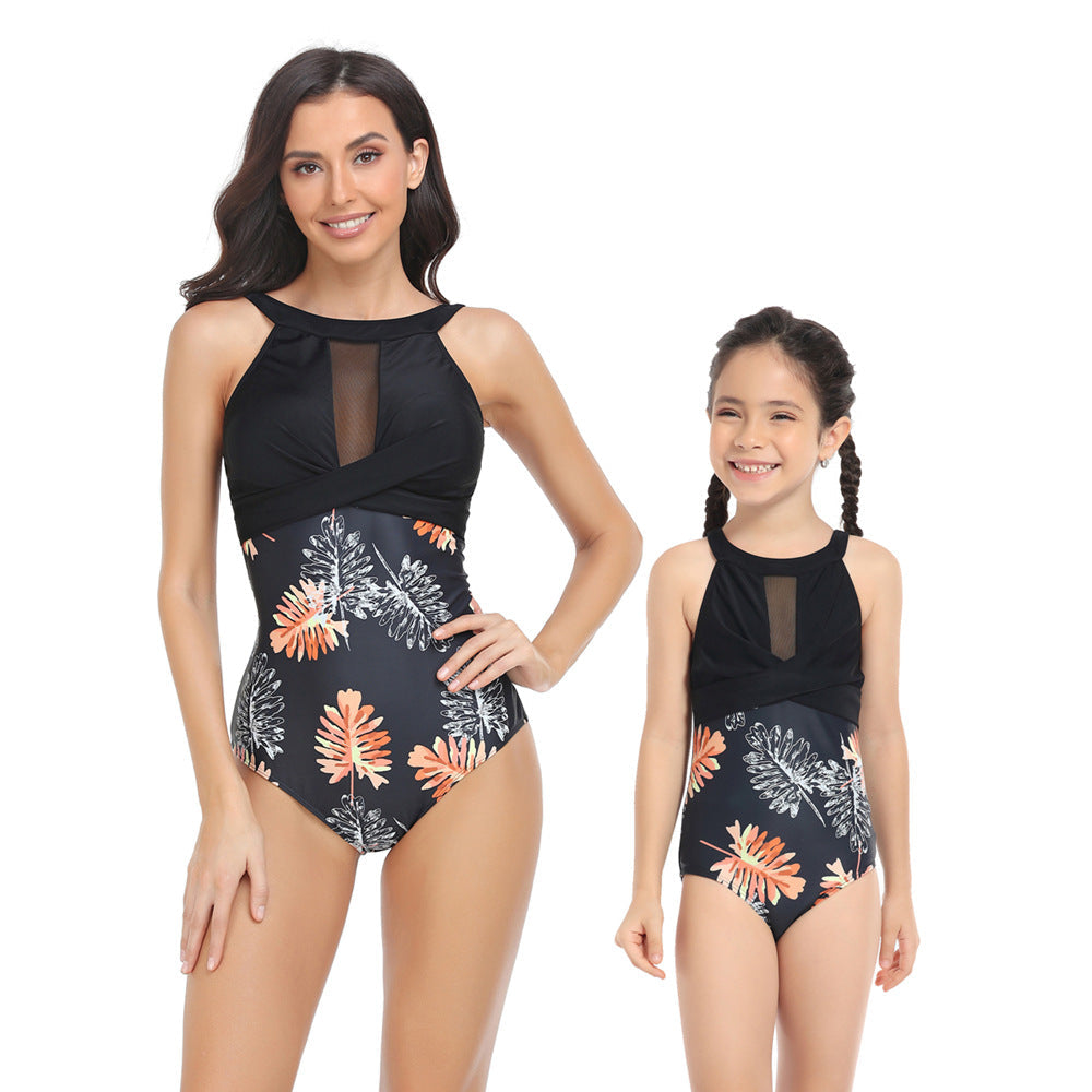 「🎁Father's Day Sale - 50% Off」 - Mother Daughter Swimsuits One-Piece Halter Floral Transparent Swimsuit