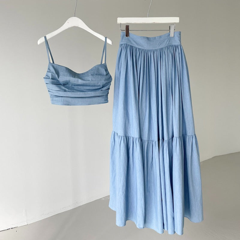 lovevop Pleated Camisoles& High Waist Skirt 2 Sets Suit