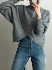 lovevop Half Turtleneck Cross Irregular Loose Pullover Sweater