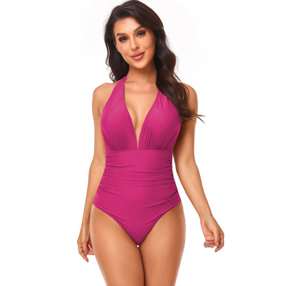 Halter V-Neck Belly Control Sling One Piece Swimsuit