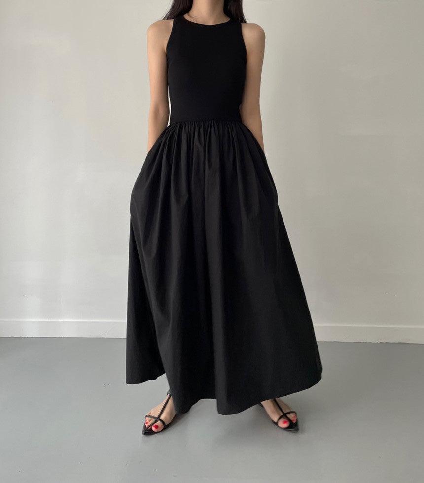 lovevop Elegant Round Neck Waist Slim Pleated Long Dress