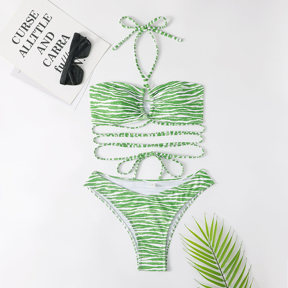 Stripe Print Bikini Set Sexy Filled Bra Swimsuit