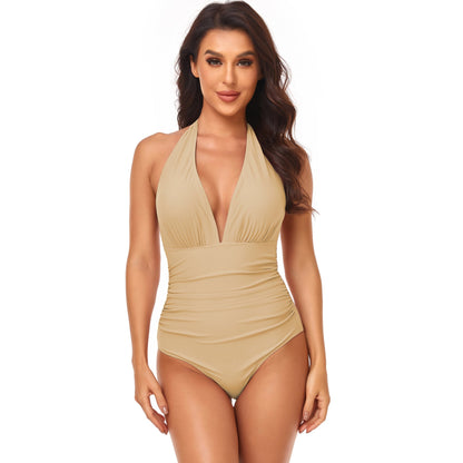 Halter V-Neck Belly Control Sling One Piece Swimsuit