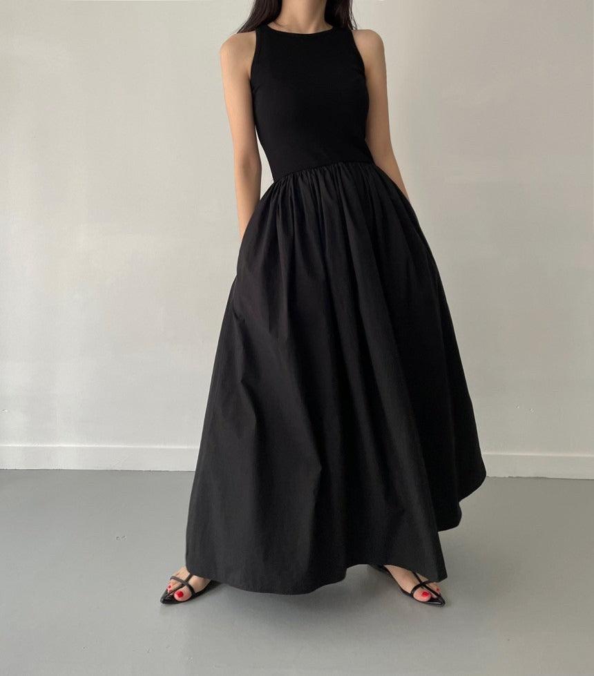 lovevop Elegant Round Neck Waist Slim Pleated Long Dress