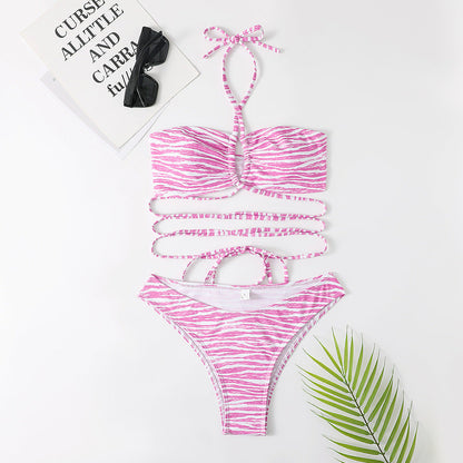 Stripe Print Bikini Set Sexy Filled Bra Swimsuit