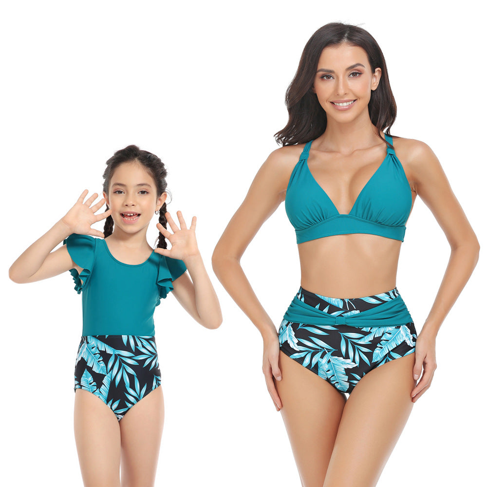 「🌼Summer Flash Sale - 50% Off」 - Solid Top & Floral High Waist Bottom Mommy and Me Swimsuit