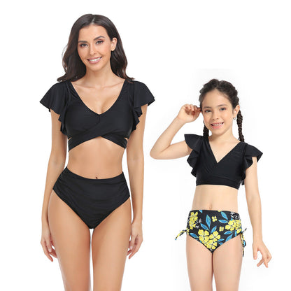 Ruffled Deep V Top & Floral Bottom Mommy and Me Swimsuit