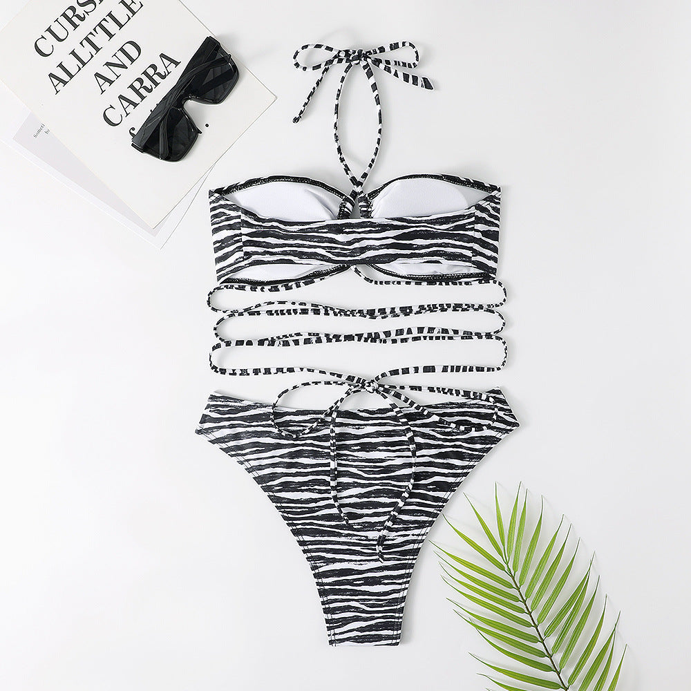 Stripe Print Bikini Set Sexy Filled Bra Swimsuit