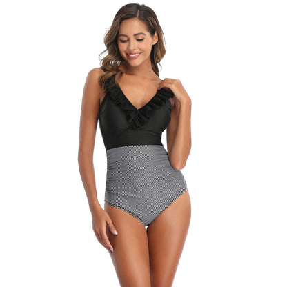 「🎉Mother's Day Sale - 40% Off」V Neck Ruffled  One-Piece Lace Up Swimsuit