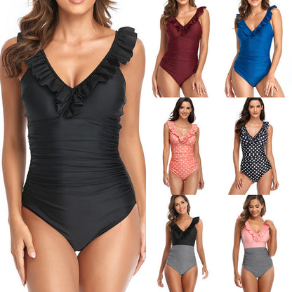 「🎉Mother's Day Sale - 40% Off」V Neck Ruffled  One-Piece Lace Up Swimsuit