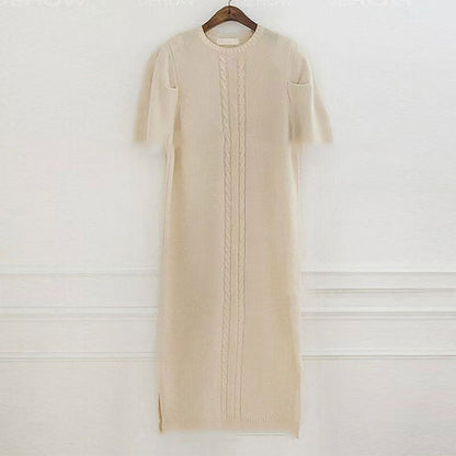 lovevop Vintage Textured Short Sleeves Long Slit Sweater Dress