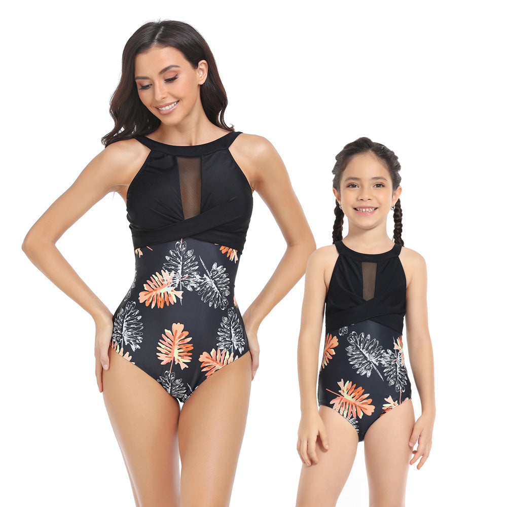 「🎁Father's Day Sale - 50% Off」 - Mother Daughter Swimsuits One-Piece Halter Floral Transparent Swimsuit