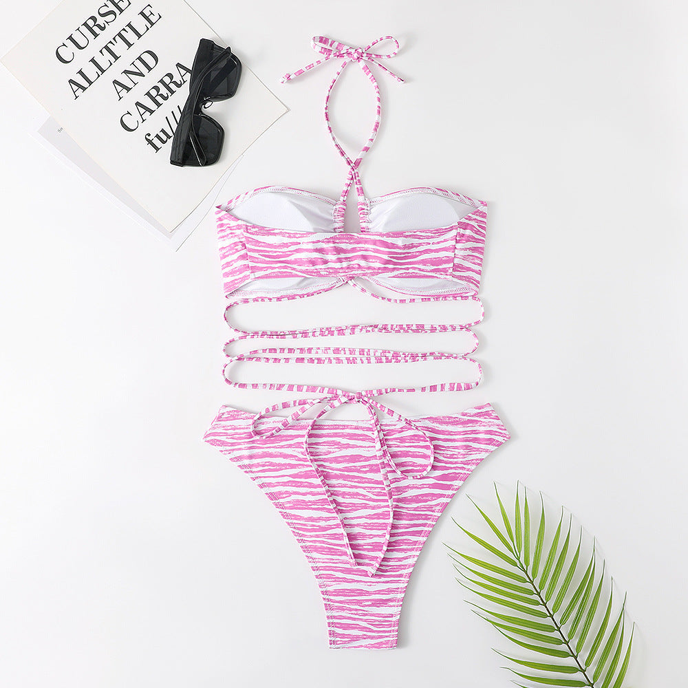 Stripe Print Bikini Set Sexy Filled Bra Swimsuit