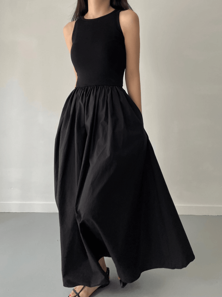 lovevop Elegant Round Neck Waist Slim Pleated Long Dress