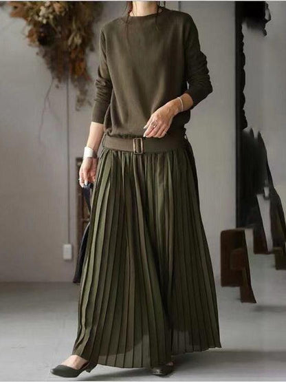 lovevop Belt Solid Pullover Knit Panel Pleated Dress