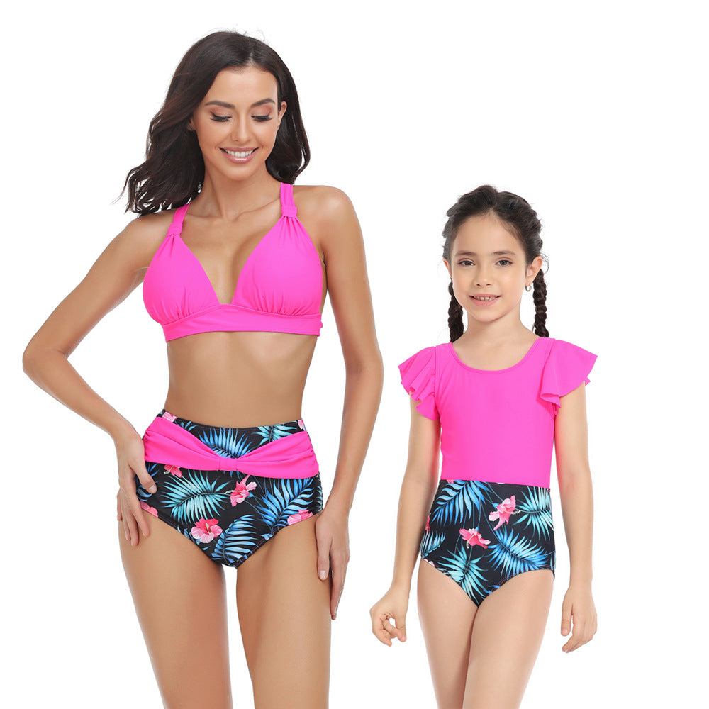 「🌼Summer Flash Sale - 50% Off」 - Solid Top & Floral High Waist Bottom Mommy and Me Swimsuit