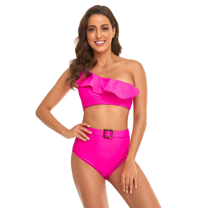 Ruffles Split High Waist Top Tie Bikini Set Swimsuit