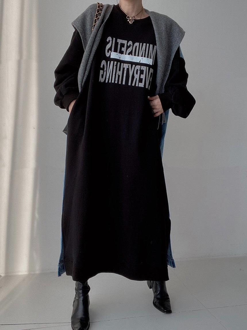 lovevop Simple Letter Print Denim Splt-joint Long Sleeve Sweatshirt Dress