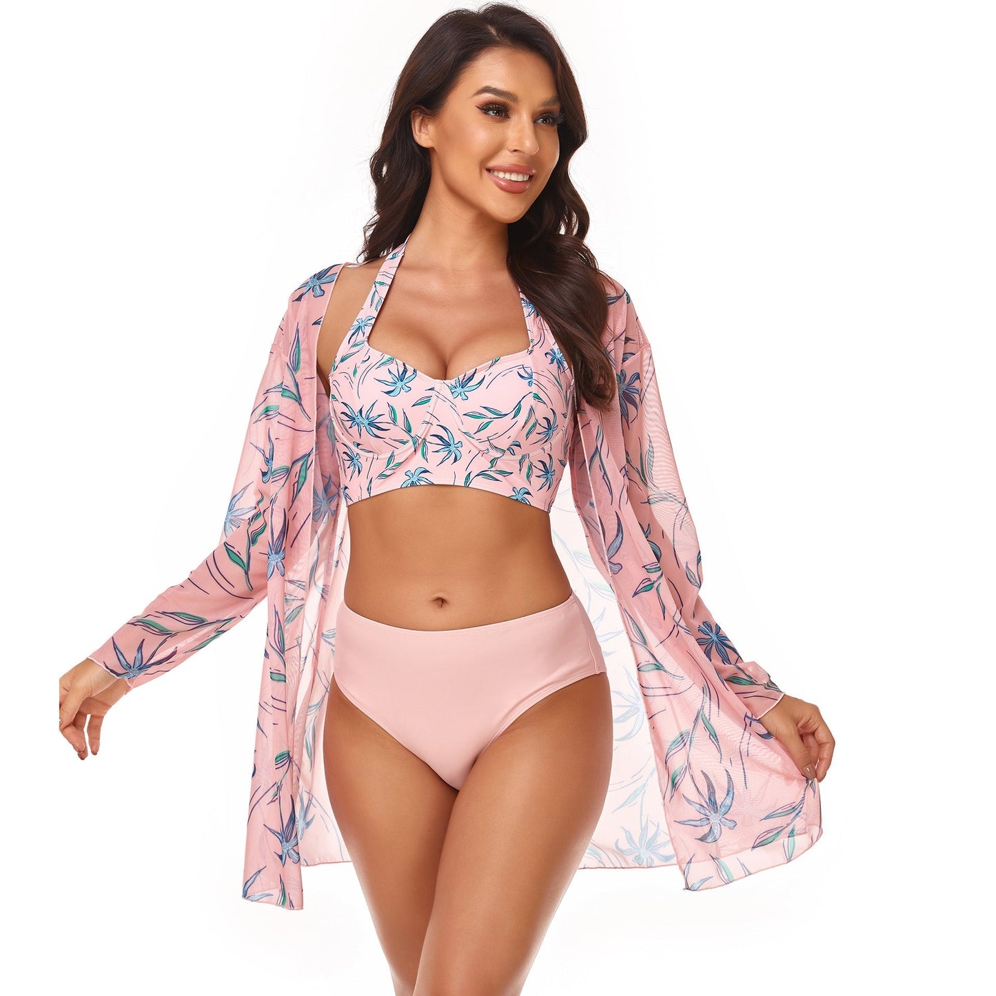 Floral Print Push Up Vest Three Piece Bikini Set Swimsuit