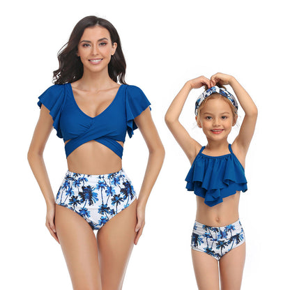 Ruffled Deep V Top & Floral Bottom Mommy and Me Swimsuit