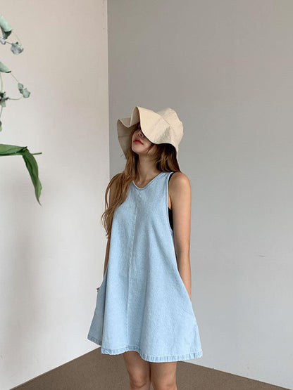 lovevop Loose Versatile A-Line Sleeveless Denim Dress