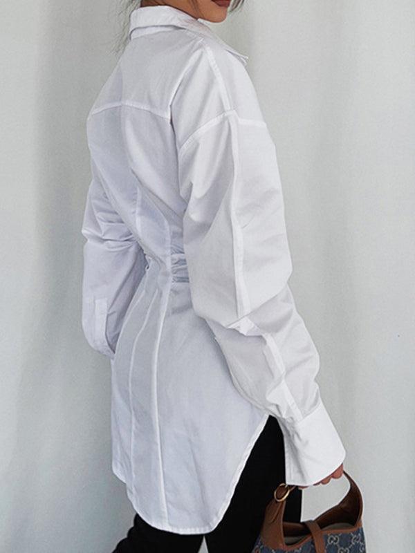 lovevop Simple Waist Lapel Ruffeld White Shirt