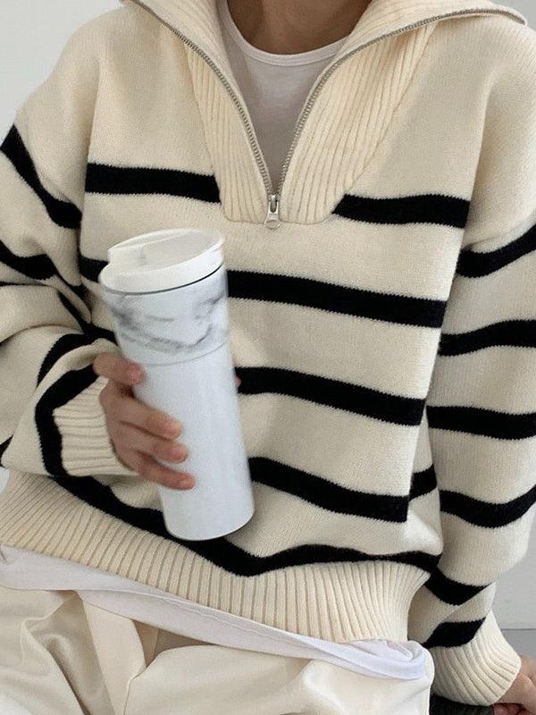 lovevop Lapel Zip Stripe Loose Long Sleeve Pullover Knit Sweater