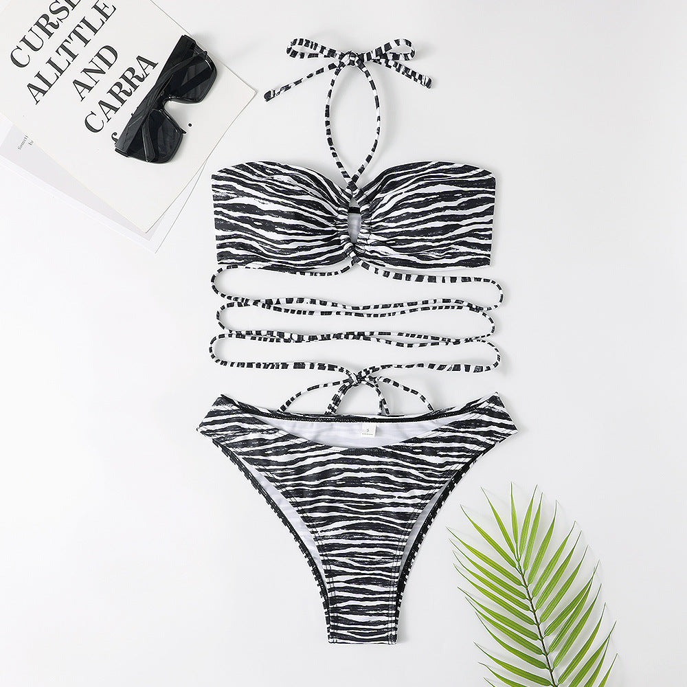 Stripe Print Bikini Set Sexy Filled Bra Swimsuit