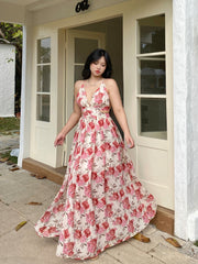 lovevop Pink Rose Floral V-Neck Long Dress