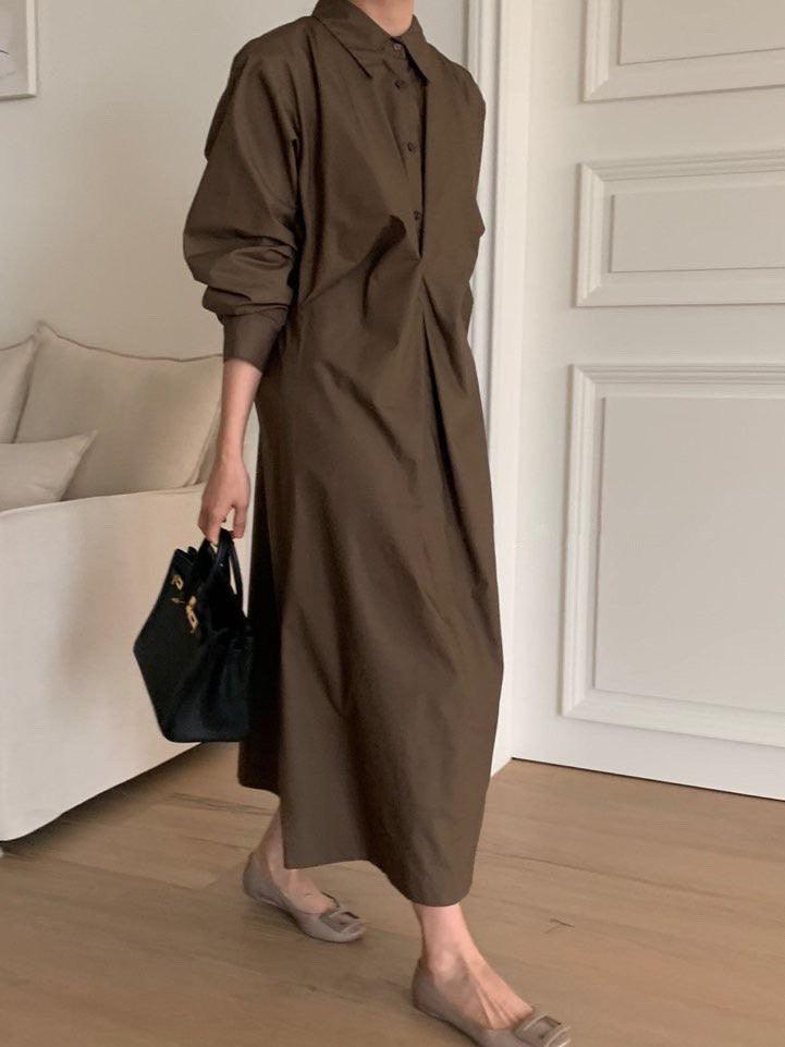 lovevop Casual Pleated Long-sleeve Polo Shirt Dress