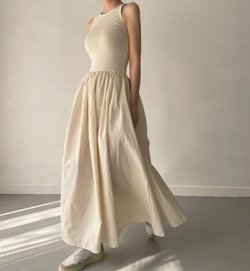 lovevop Elegant Round Neck Waist Slim Pleated Long Dress