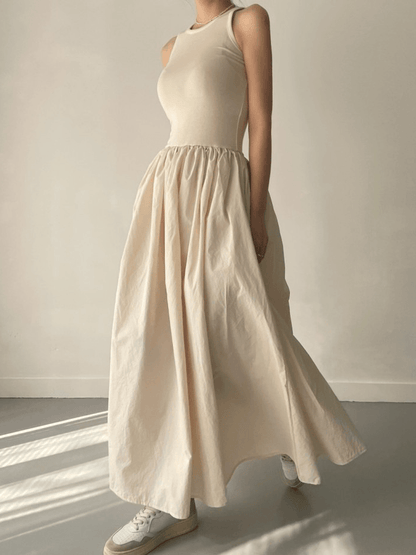 lovevop Elegant Round Neck Waist Slim Pleated Long Dress